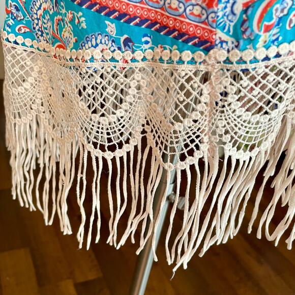 Umgee Orange Turquoise Medallion Print Kimono Lace Fringe Size M/L Boho Casual - Picture 5 of 7